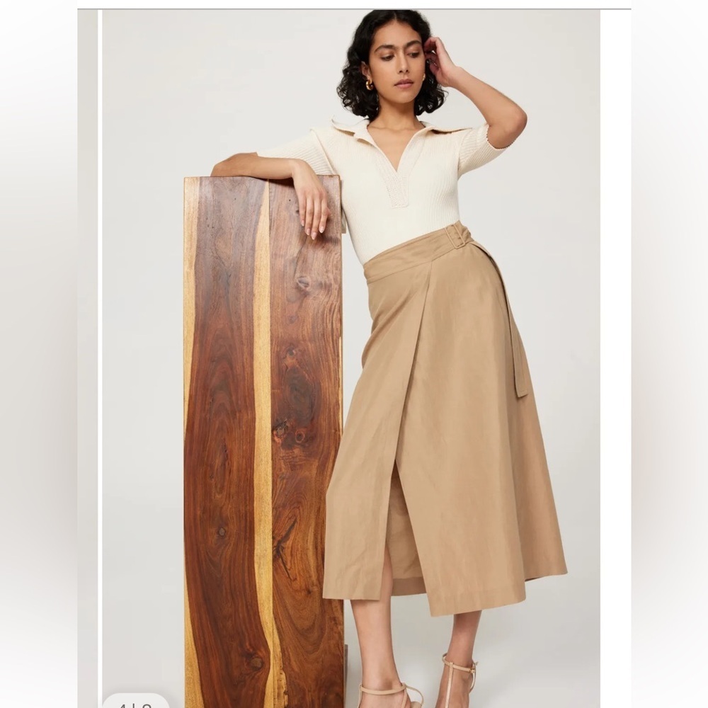 Vince Linen Blend Buckle Wrap Midi Skirt Neutral Tan - Picture 2 of 9